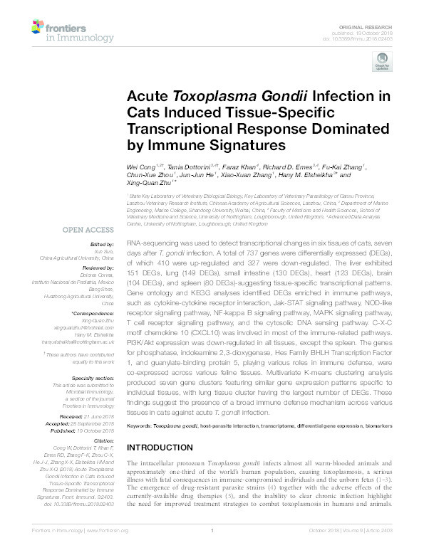 Acute Toxoplasma gondii infection in cats induced tissue-specific transcriptional response dominated by immune signatures Thumbnail