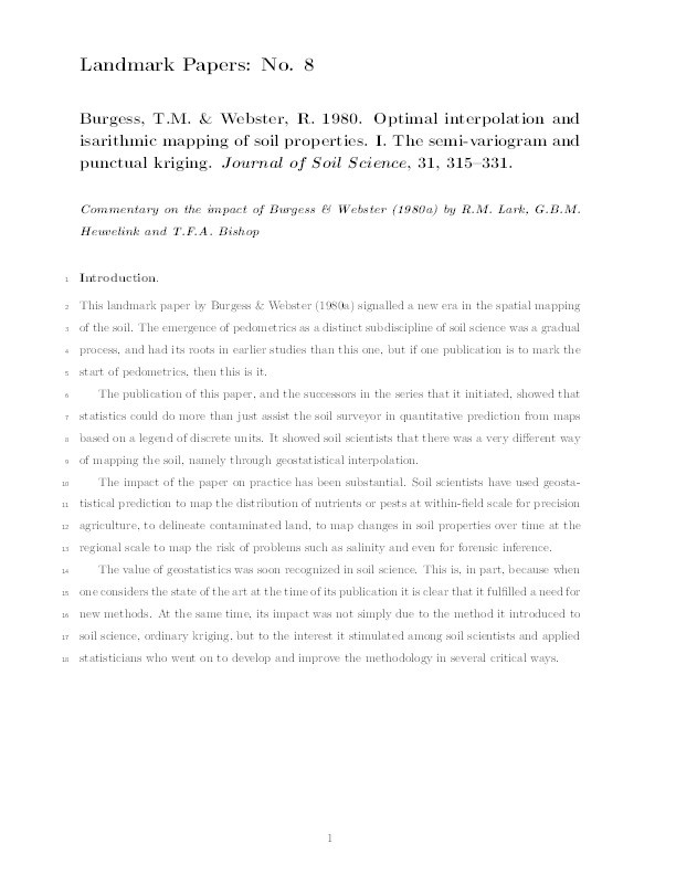 Landmark Papers no. 8: Burgess, T.M. & Webster, R. 1980. Optimal interpolation and isarithmic mapping of soil properties. I. The semi-variogram and punctual kriging. Journal of Soil Science, 31, 315-331: Commentary on the impact of Burgess & Webster (1980a) Thumbnail