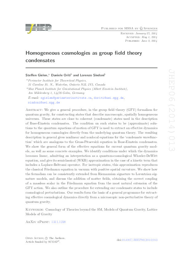 Homogeneous cosmologies as group field theory condensates Thumbnail