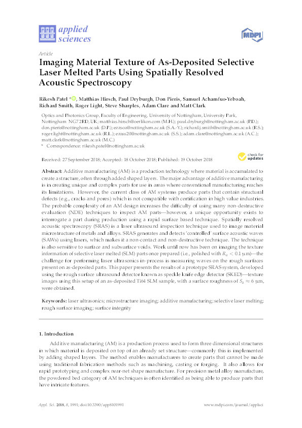 Imaging material texture of as-deposited selective laser melted parts using spatially resolved acoustic spectroscopy Thumbnail