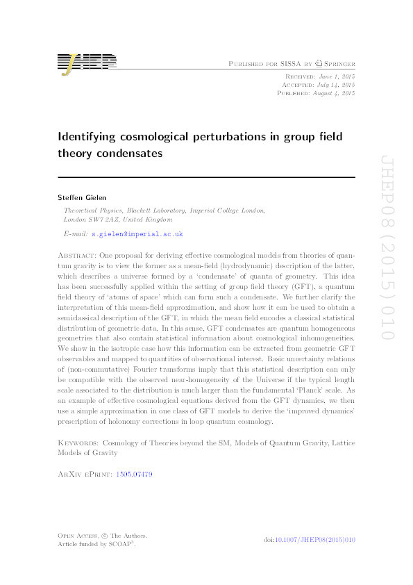 Identifying cosmological perturbations in group field theory condensates Thumbnail