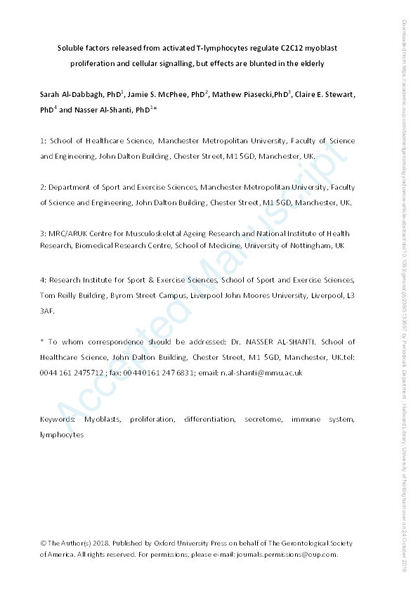 Soluble factors released from activated T-lymphocytes regulate C2C12 myoblast proliferation and cellular signalling, but effects are blunted in the elderly Thumbnail