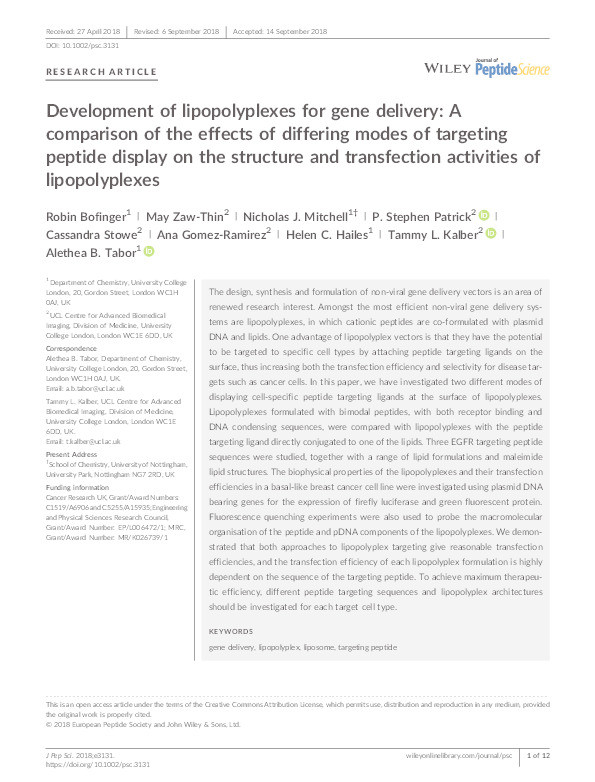 Development of lipopolyplexes for gene delivery: a comparison of the effects of differing modes of targeting peptide display on the structure and transfection activities of lipopolyplexes Thumbnail