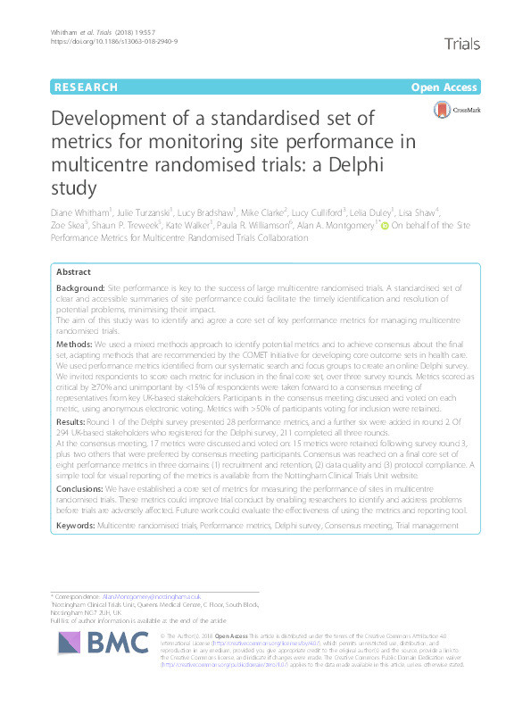 Development of a standardised set of metrics for monitoring site performance in multicentre randomised trials: a Delphi study Thumbnail