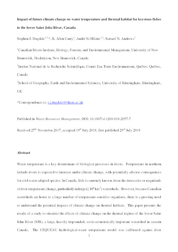 Impact of future climate change on water temperature and thermal habitat for keystone fishes in the Lower Saint John River, Canada Thumbnail