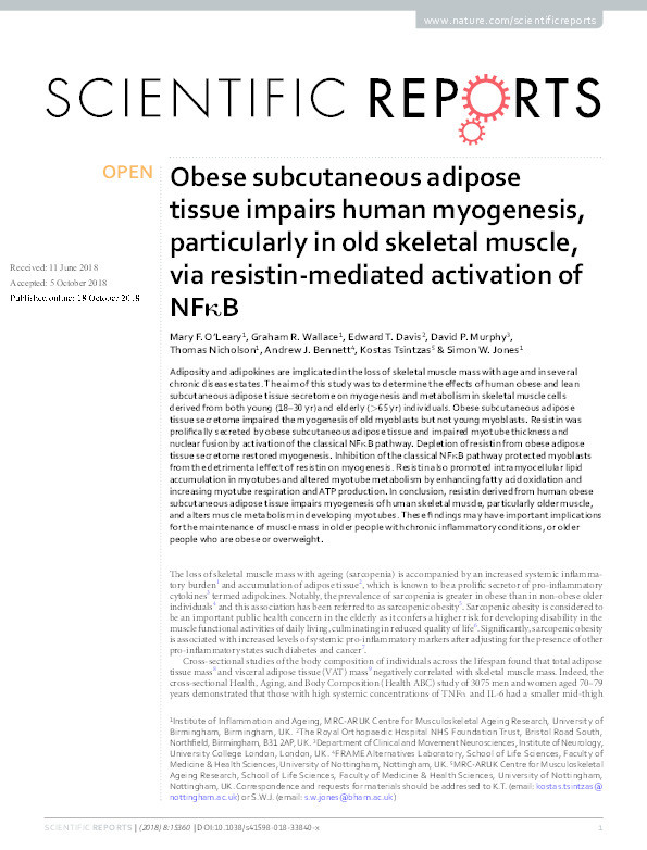 Obese subcutaneous adipose tissue impairs human myogenesis, particularly in old skeletal muscle, via resistin-mediated activation of NFκB Thumbnail