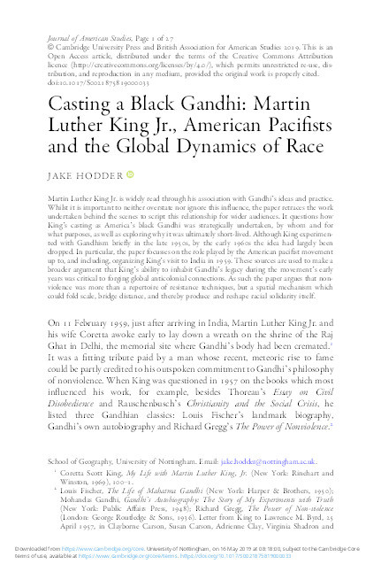 Casting a black Gandhi: Martin Luther King Jr, American pacifists and the global dynamics of race Thumbnail