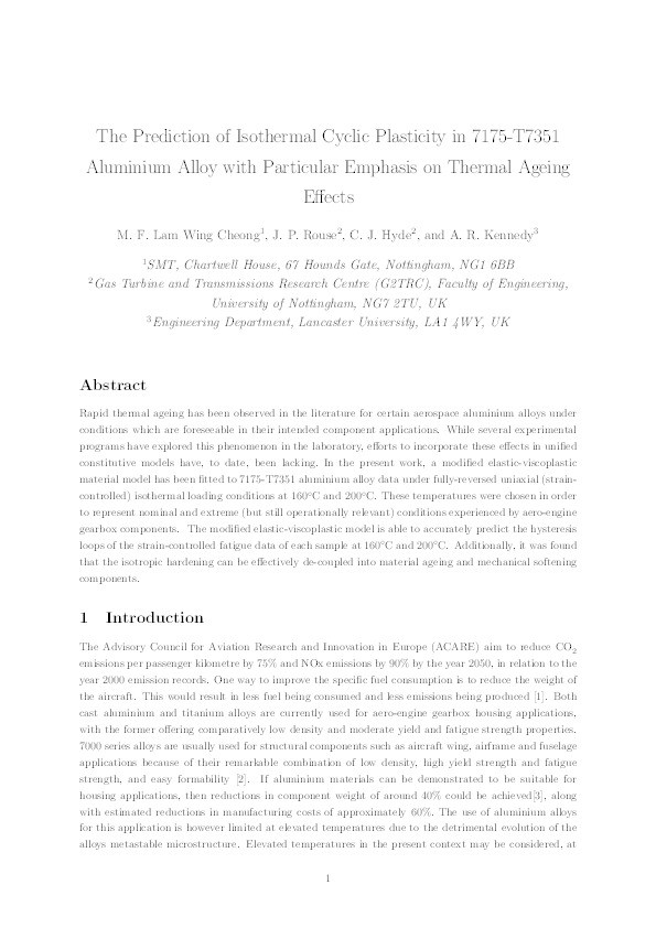 The Prediction of isothermal cyclic plasticity in 7175-T7351 aluminium alloy with particular emphasis on thermal ageing effects Thumbnail