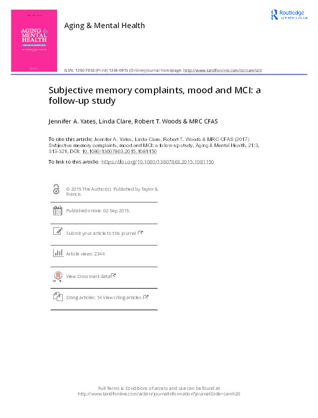 Subjective memory complaints, mood and MCI: a follow-up study Thumbnail