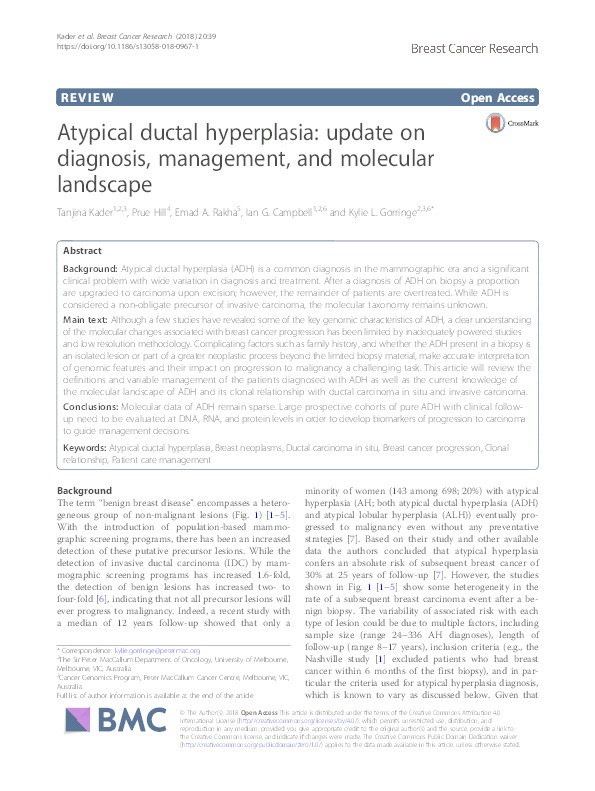 Atypical ductal hyperplasia: update on diagnosis, management, and molecular landscape Thumbnail