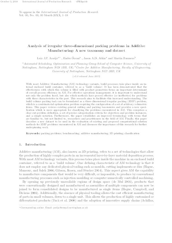 Analysis of irregular three-dimensional packing problems in additive manufacturing: a new taxonomy and dataset Thumbnail