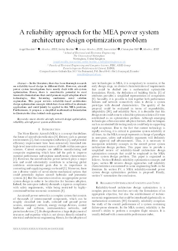 A reliability approach for the MEA power system architecture design optimization problem Thumbnail