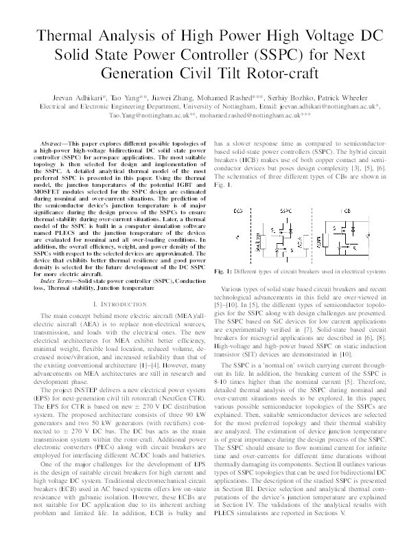Thermal Analysis of High Power High Voltage DC Solid State Power Controller (SSPC) for Next Generation Civil Tilt Rotor-craft Thumbnail