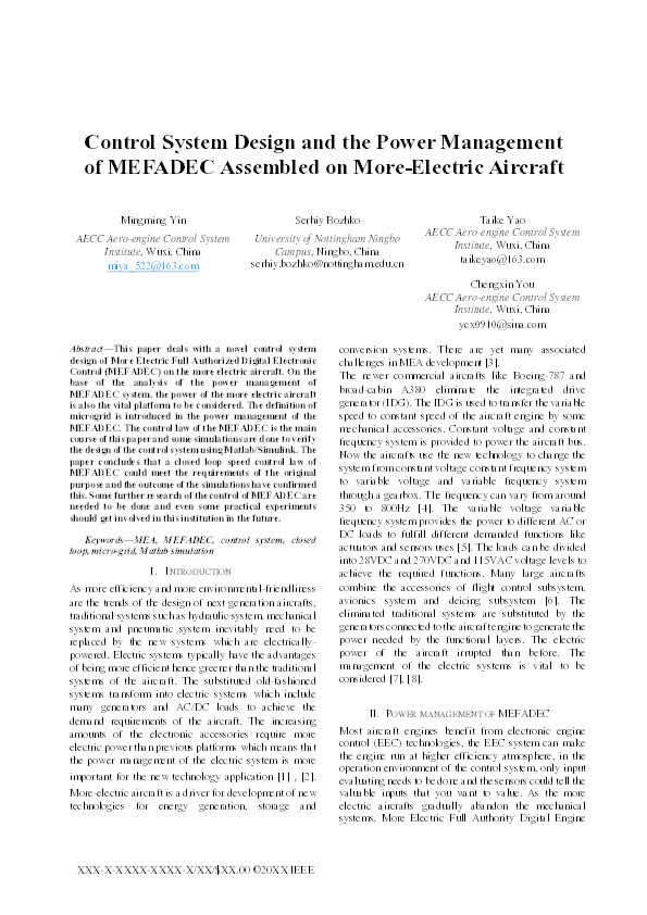 Control system design and the power management of MEFADEC assembled on More-Electric Aircraft Thumbnail