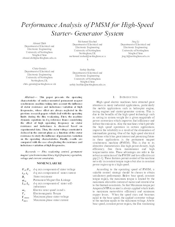 Performance Analysis of PMSM for High-Speed Starter-Generator System Thumbnail