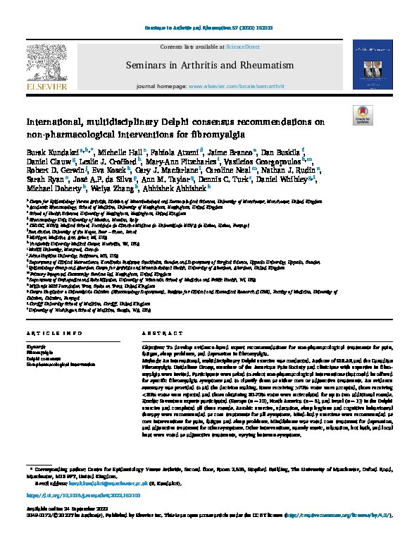 International, multidisciplinary Delphi consensus recommendations on non-pharmacological interventions for fibromyalgia Thumbnail
