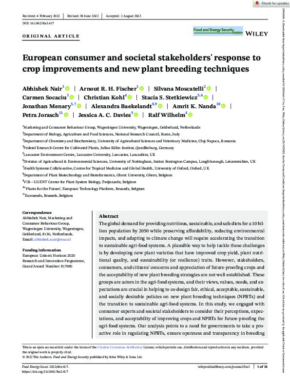 European consumer and societal stakeholders' response to crop improvements and new plant breeding techniques Thumbnail