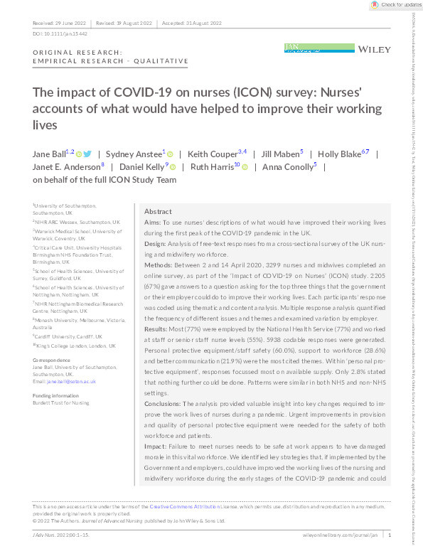 The impact of COVID-19 on nurses (ICON) survey: Nurses' accounts of what would have helped to improve their working lives Thumbnail