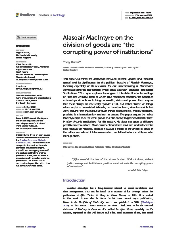Alasdair MacIntyre on the division of goods and “the corrupting power of institutions” Thumbnail