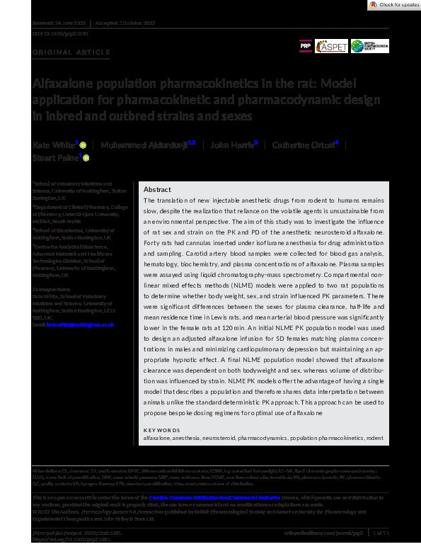 Alfaxalone population pharmacokinetics in the rat: Model application for pharmacokinetic and pharmacodynamic design in inbred and outbred strains and sexes Thumbnail