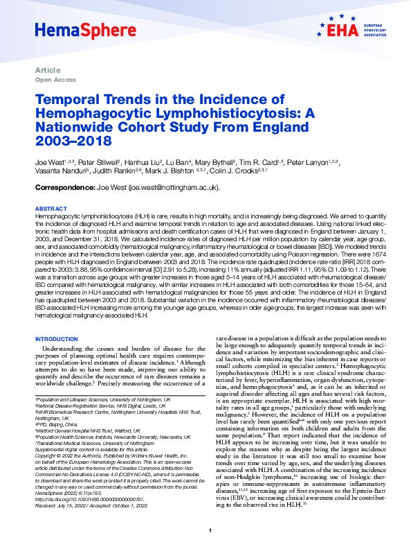 Temporal Trends in the Incidence of Hemophagocytic Lymphohistiocytosis: A Nationwide Cohort Study From England 2003–2018 Thumbnail