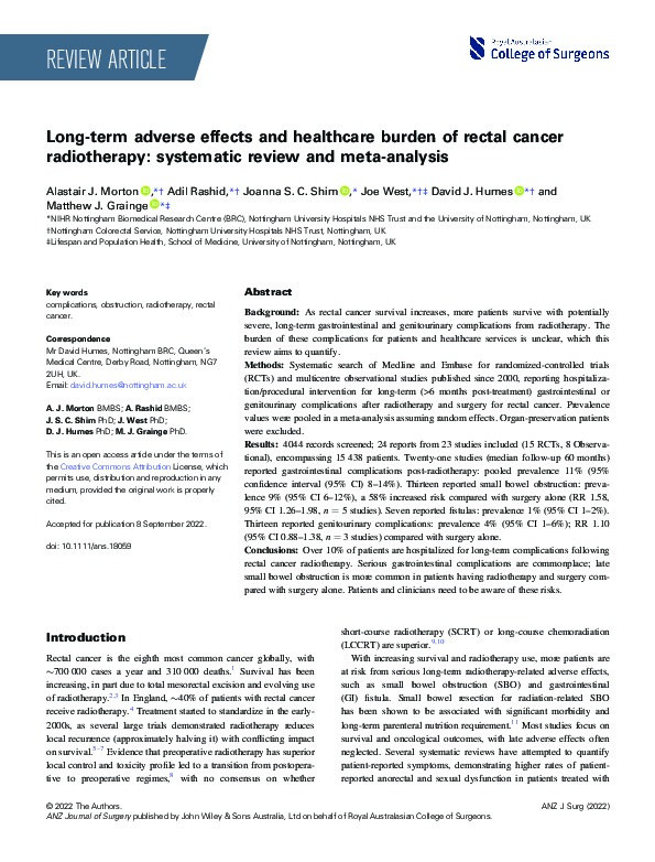 Long-term adverse effects and healthcare burden of rectal cancer radiotherapy: systematic review and meta-analysis Thumbnail