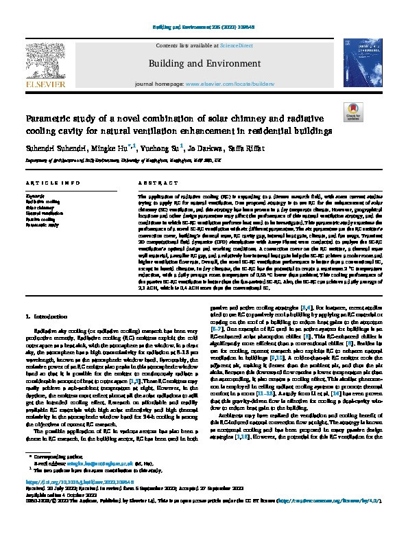 Parametric study of a novel combination of solar chimney and radiative cooling cavity for natural ventilation enhancement in residential buildings Thumbnail