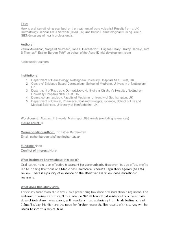 How is oral isotretinoin prescribed for the treatment of acne vulgaris? Results from a UK Dermatology Clinical Trials Network (UKDCTN) and British Dermatological Nursing Group (BDNG) survey of health professionals Thumbnail