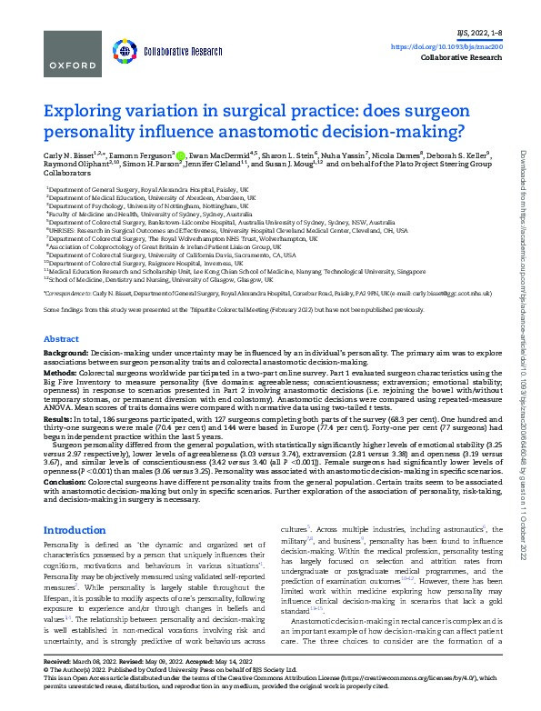 Exploring variation in surgical practice: does surgeon personality influence anastomotic decision-making? Thumbnail