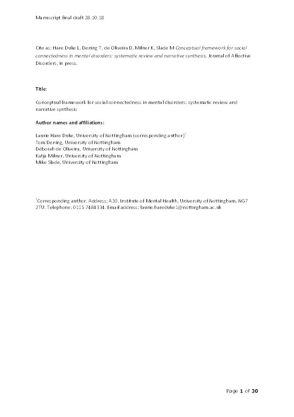 Conceptual framework for social connectedness in mental disorders: systematic review and narrative synthesis Thumbnail