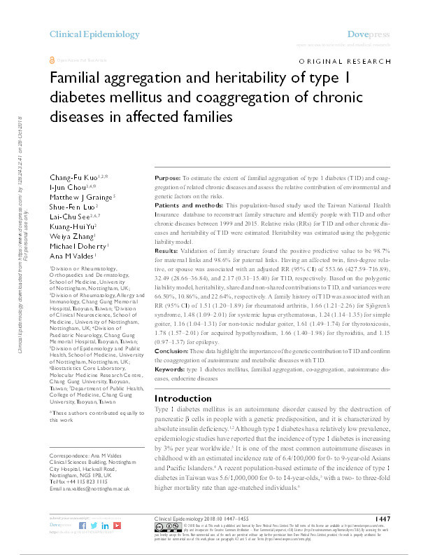 Familial aggregation and heritability of type 1 diabetes mellitus and coaggregation of chronic diseases in affected families Thumbnail