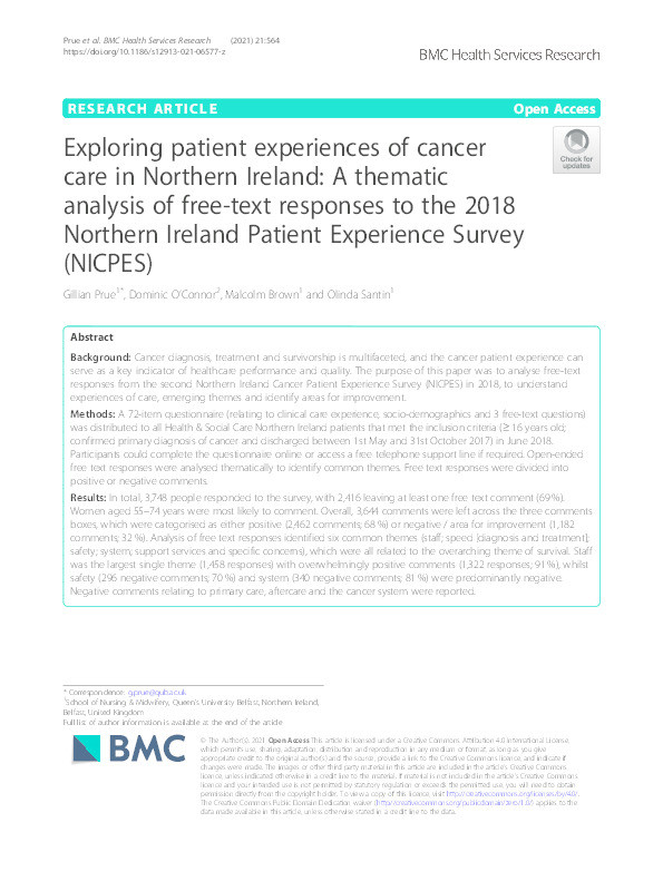 Exploring patient experiences of cancer care in Northern Ireland: A thematic analysis of free-text responses to the 2018 Northern Ireland Patient Experience Survey (NICPES) Thumbnail