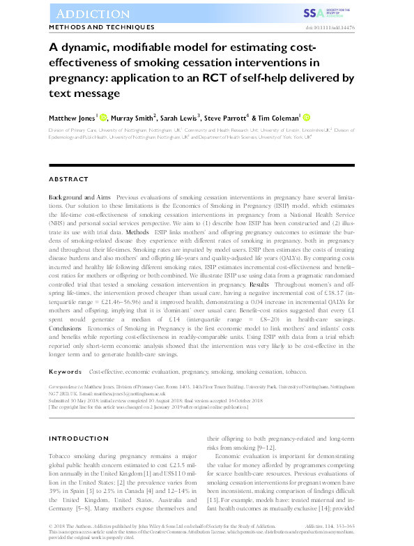 A dynamic, modifiable model for estimating cost-effectiveness of smoking cessation interventions in pregnancy: application to an RCT of self-help delivered by text message Thumbnail
