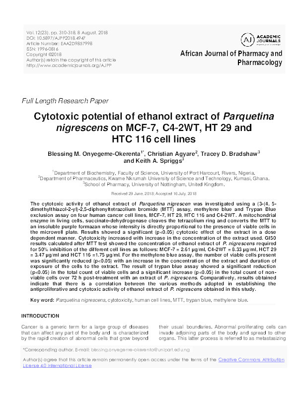 Cytotoxic potential of ethanol extract of Parquetina nigrescens on MCF-7, C4-2WT, HT 29 and HTC 116 cell lines Thumbnail