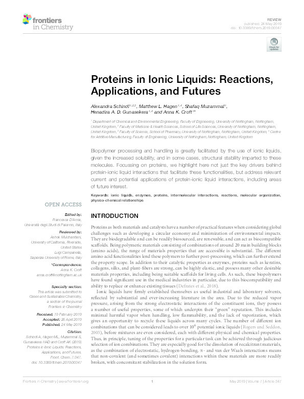 Proteins in Ionic Liquids: Reactions, Applications and Futures Thumbnail