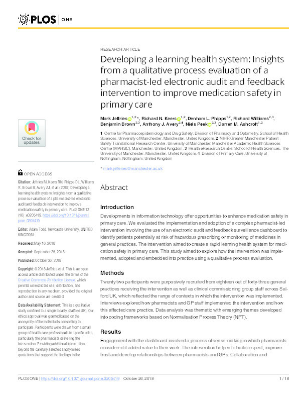 Developing a learning health system: insights from a qualitative process evaluation of a pharmacist-led electronic audit and feedback intervention to improve medication safety in primary care. Thumbnail