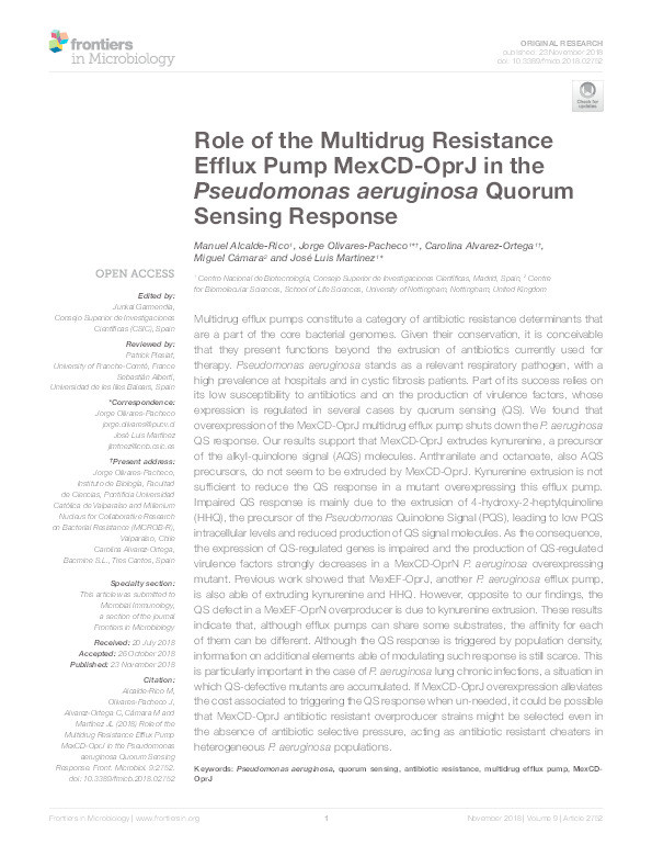 Role of the multidrug resistance efflux pump MexCD-OprJ in the Pseudomonas aeruginosa quorum sensing response Thumbnail