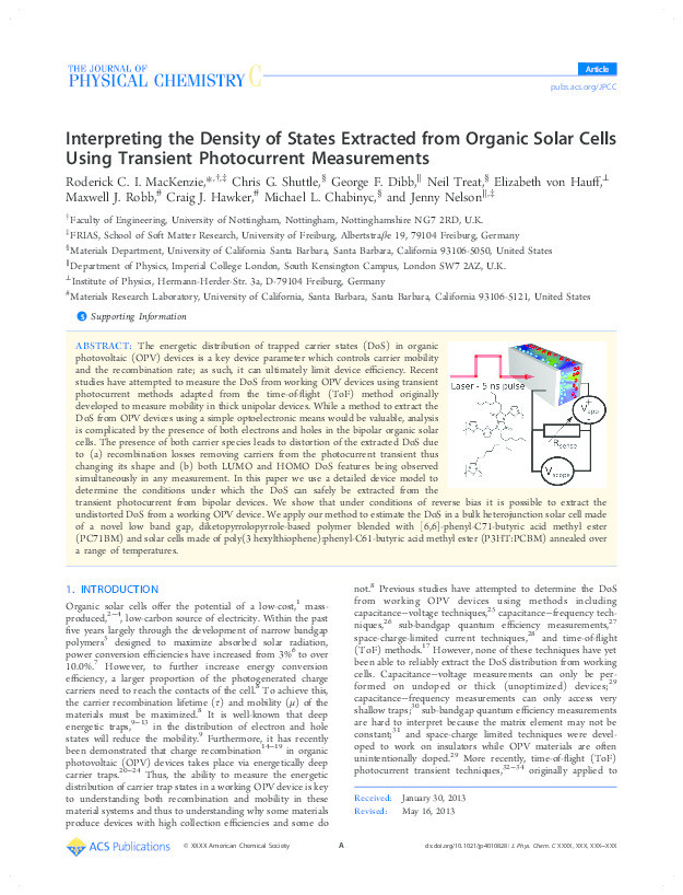 Interpreting the density of states extracted from organic solar cells using transient photocurrent measurements Thumbnail