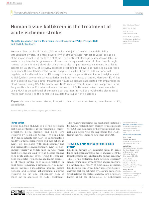 Human tissue kallikrein in the treatment of acute ischemic stroke Thumbnail