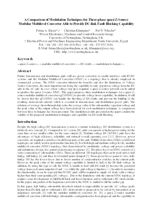 A comparison of modulation techniques for three-phase quasi Z-source modular multilevel converter able to provide DC-link fault blocking capability Thumbnail