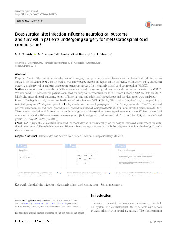 Does surgical site infection influence neurological outcome and survival in patients undergoing surgery for metastatic spinal cord compression? Thumbnail