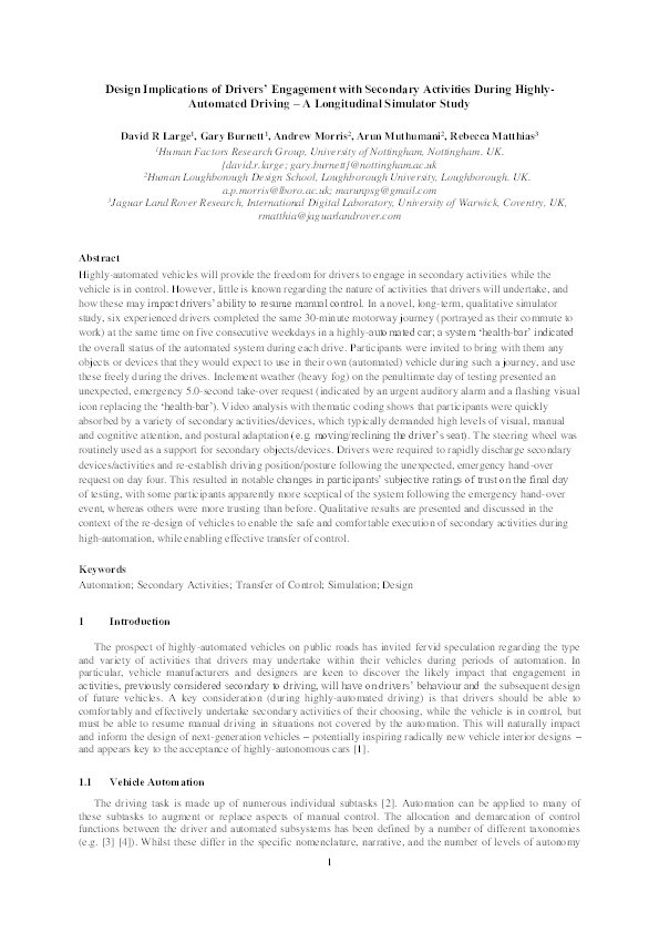 Design Implications of Drivers’ Engagement with Secondary Activities During Highly-Automated Driving – A Longitudinal Simulator Study Thumbnail