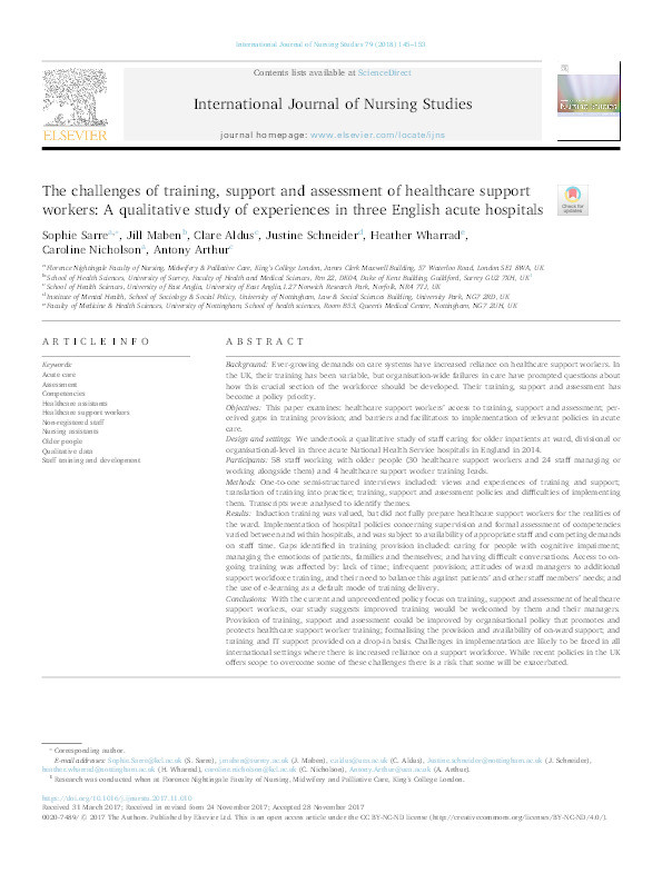 The challenges of training, support and assessment of healthcare support workers: a qualitative study of experiences in three English acute hospitals Thumbnail