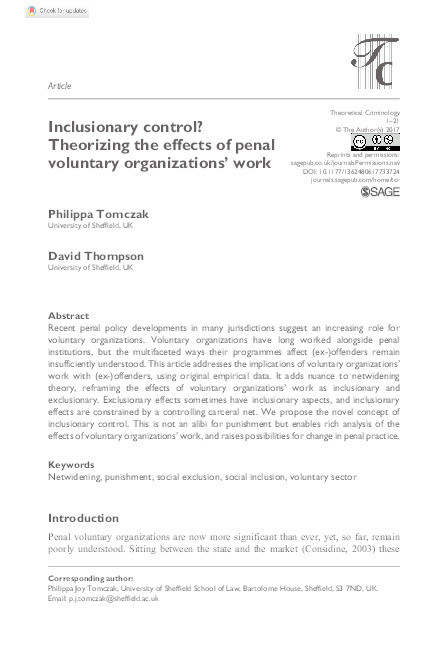 Inclusionary control? Theorizing the effects of penal voluntary organizations’ work Thumbnail