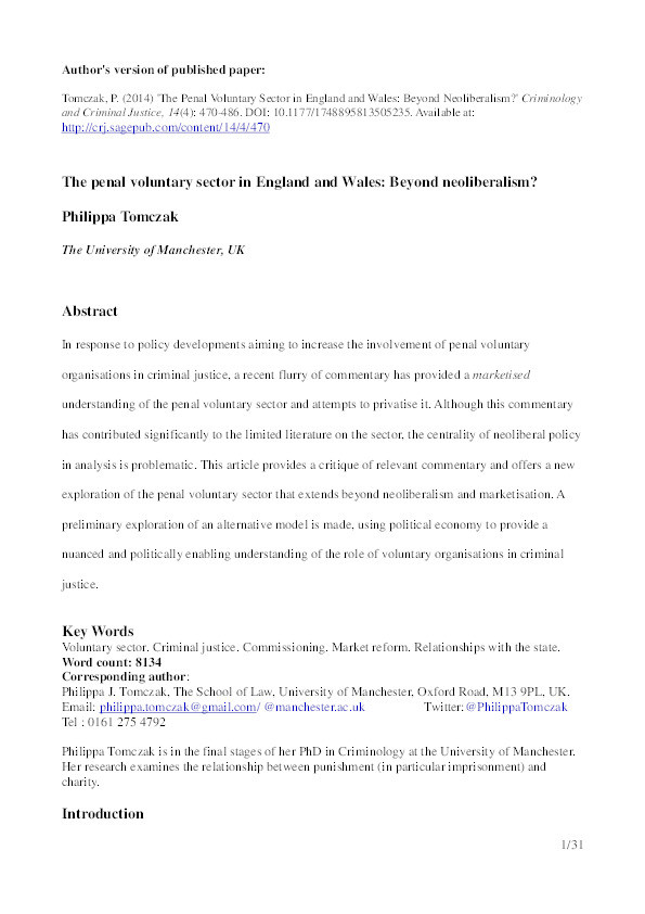 The penal voluntary sector in England and Wales: beyond neoliberalism? Thumbnail