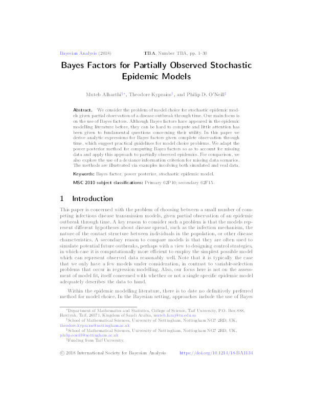 Bayes Factors for Partially Observed Stochastic Epidemic Models Thumbnail