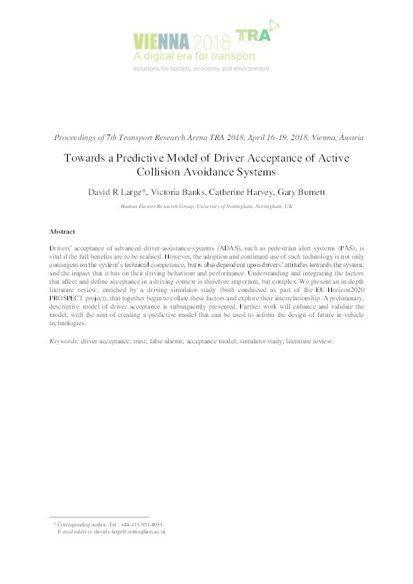 Towards a predictive model of driver acceptance of active collision avoidance systems Thumbnail