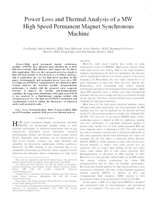 Power Loss and Thermal Analysis of a MW High-Speed Permanent Magnet Synchronous Machine Thumbnail