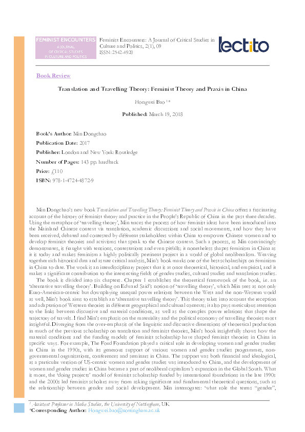 Translation and Travelling Theory: Feminist Theory and Praxis in China Thumbnail