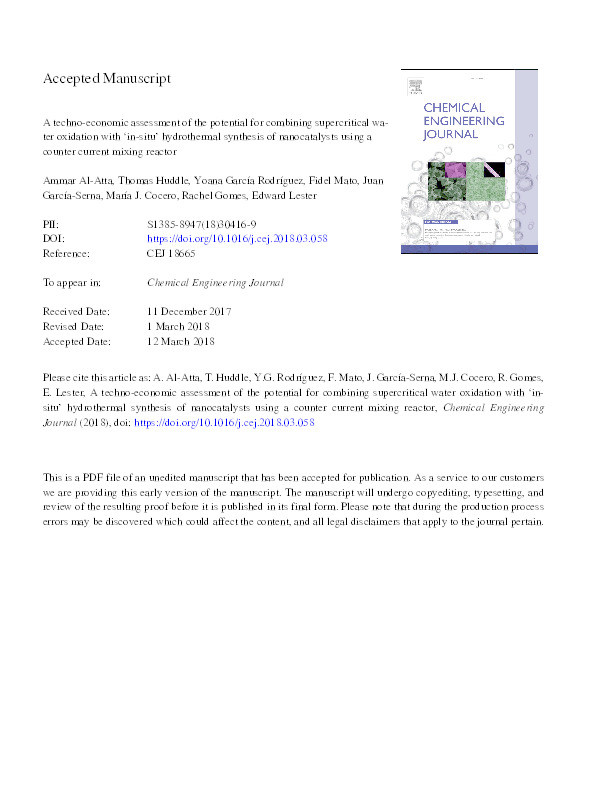 A techno-economic assessment of the potential for combining supercritical water oxidation with ‘in-situ’ hydrothermal synthesis of nanocatalysts using a counter current mixing reactor Thumbnail